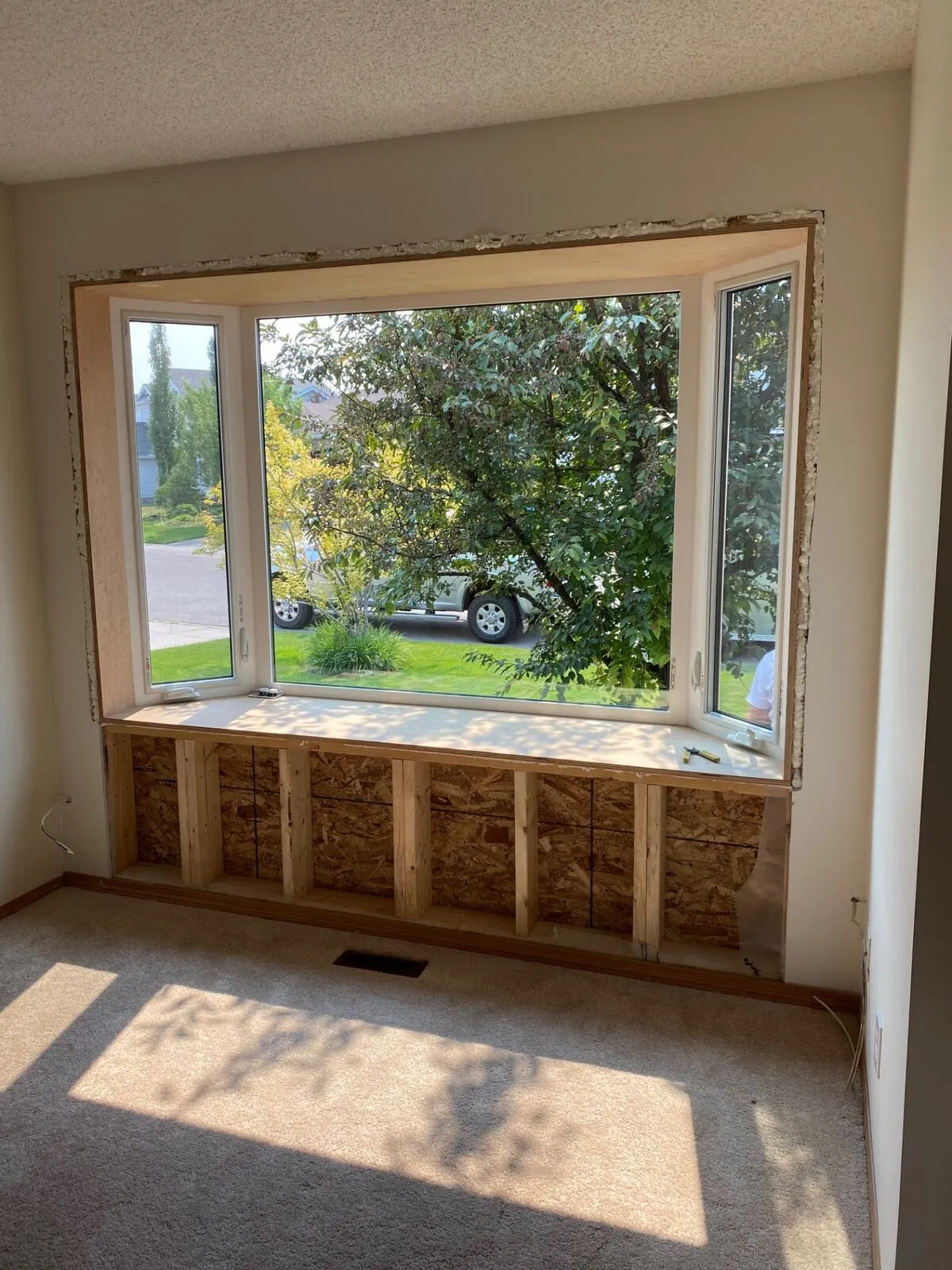 Interior view of a new bay window install